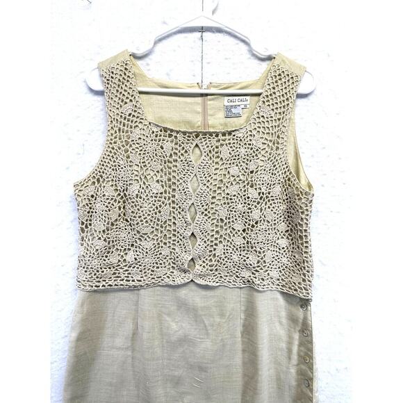 Cali Cali 100% Linen Lined Women Sleeveless‎ Midi Dress Boho Tan - Picture 6 of 10
